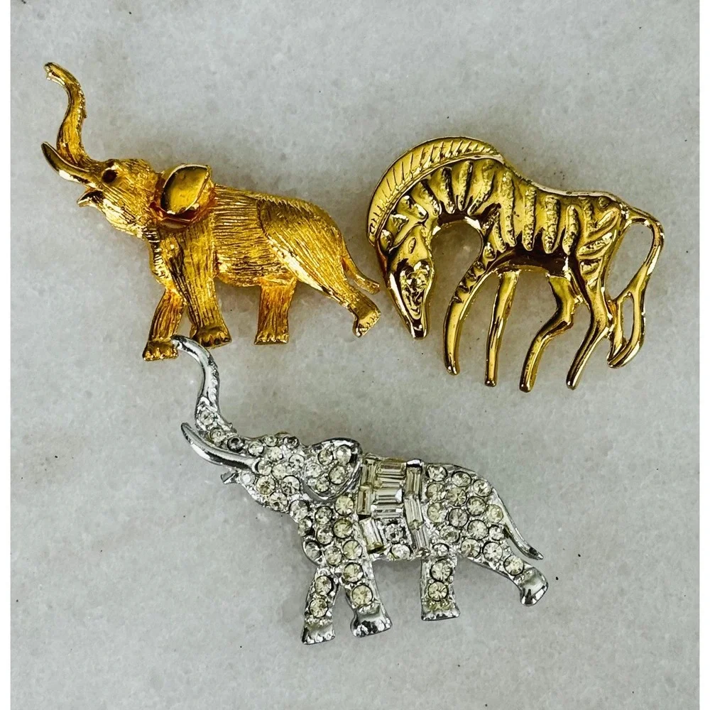 Vintage Style Safari Animal Brooch Pin Set Gold Silver Tone 3pc Rhinestone